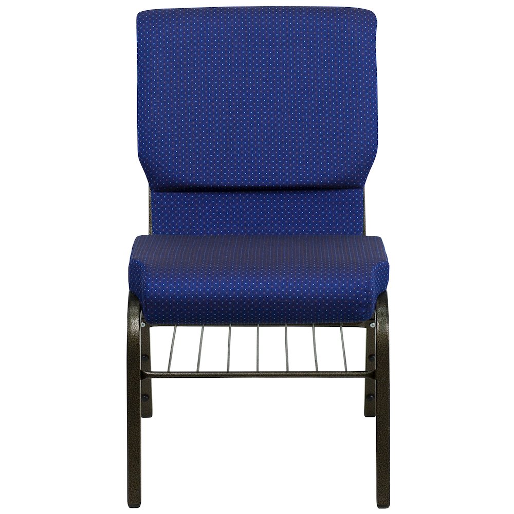 18.5''W Church Chair in Navy Blue Fabric with Book Rack - Gold Vein Frame. Picture 9