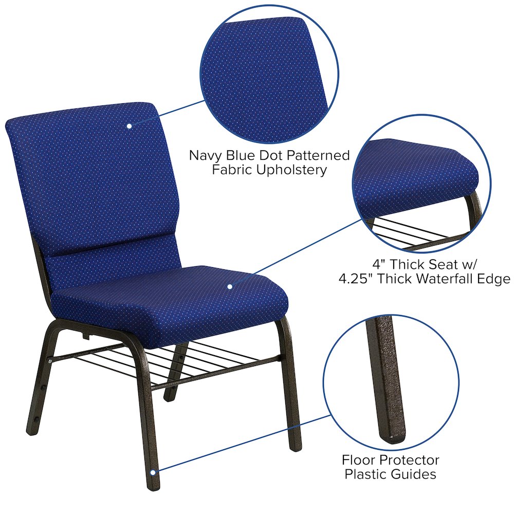 18.5''W Church Chair in Navy Blue Fabric with Book Rack - Gold Vein Frame. Picture 4