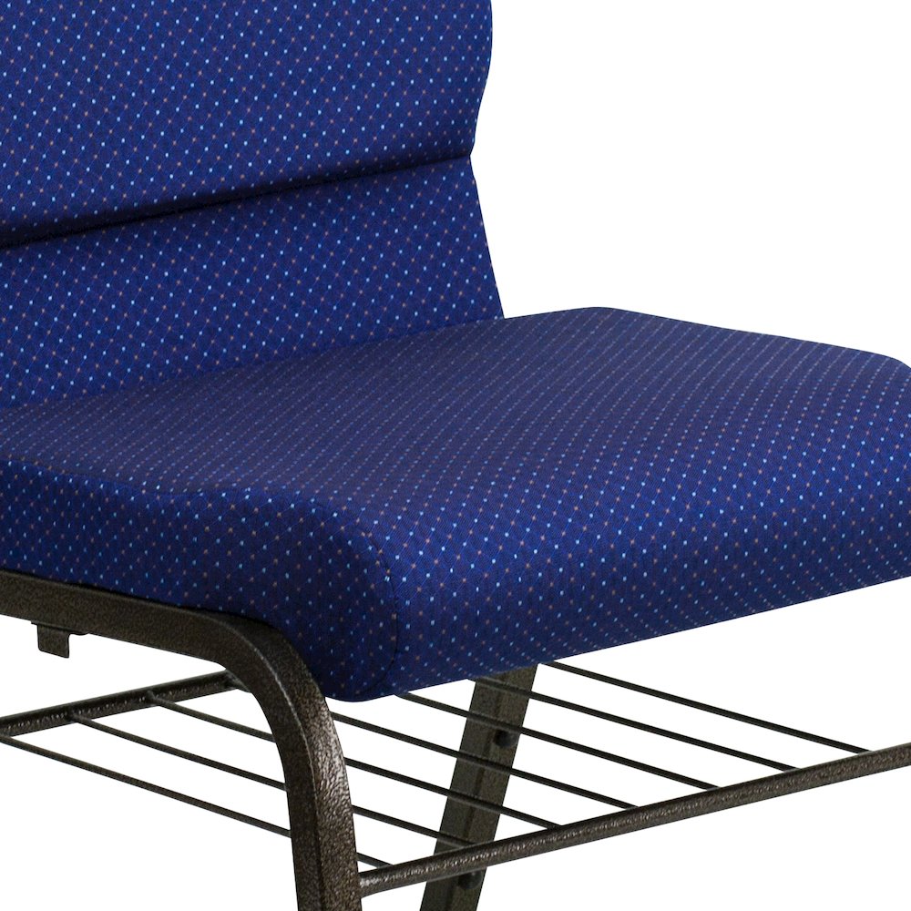 18.5''W Church Chair in Navy Blue Fabric with Book Rack - Gold Vein Frame. Picture 10