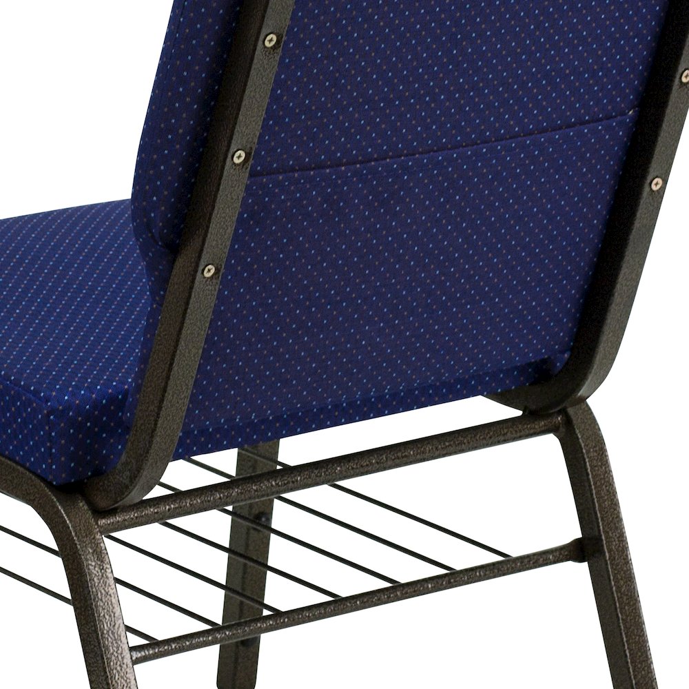 18.5''W Church Chair in Navy Blue Fabric with Book Rack - Gold Vein Frame. Picture 7