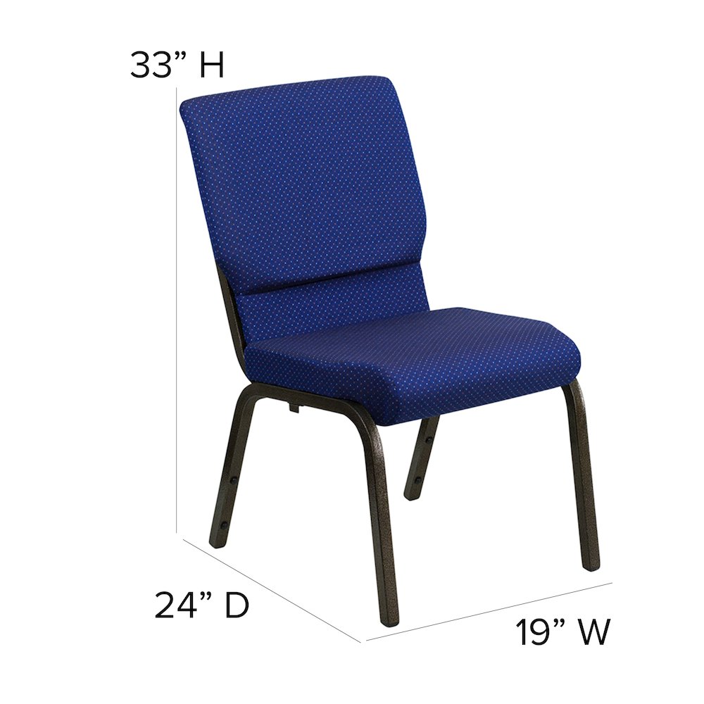 18.5''W Stacking Church Chair in Navy Blue Patterned Fabric - Gold Vein Frame. Picture 6