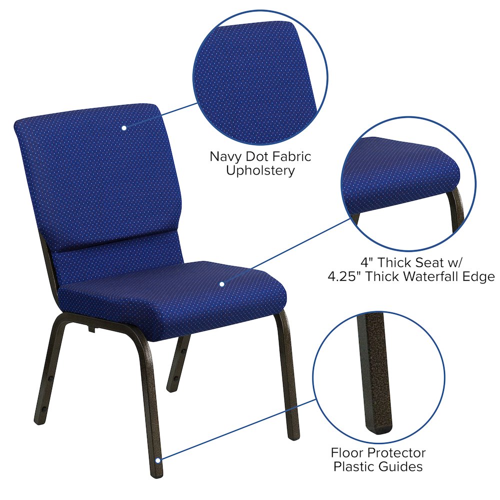 18.5''W Stacking Church Chair in Navy Blue Patterned Fabric - Gold Vein Frame. Picture 5