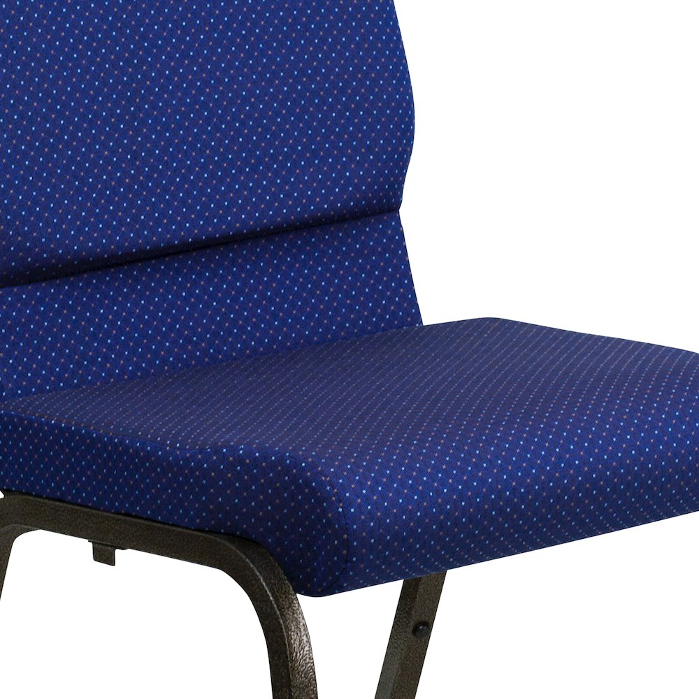 18.5''W Stacking Church Chair in Navy Blue Patterned Fabric - Gold Vein Frame. Picture 11