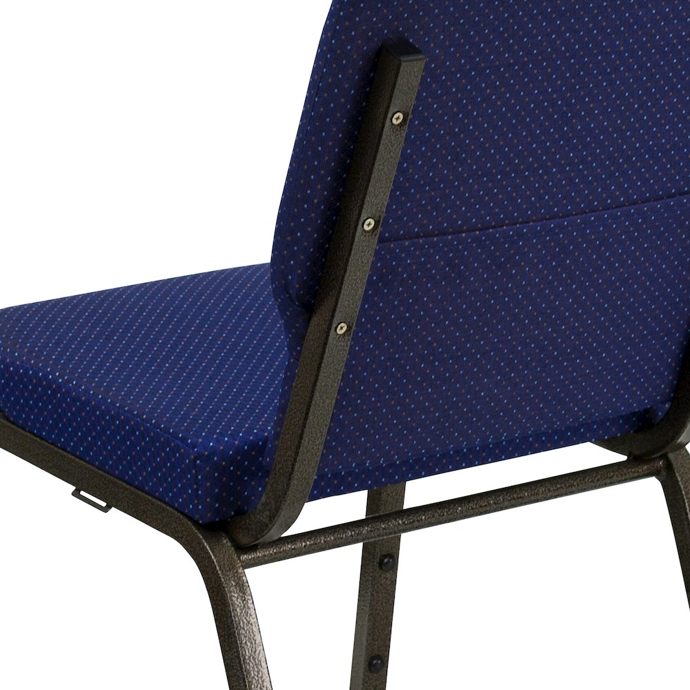 18.5''W Stacking Church Chair in Navy Blue Patterned Fabric - Gold Vein Frame. Picture 8