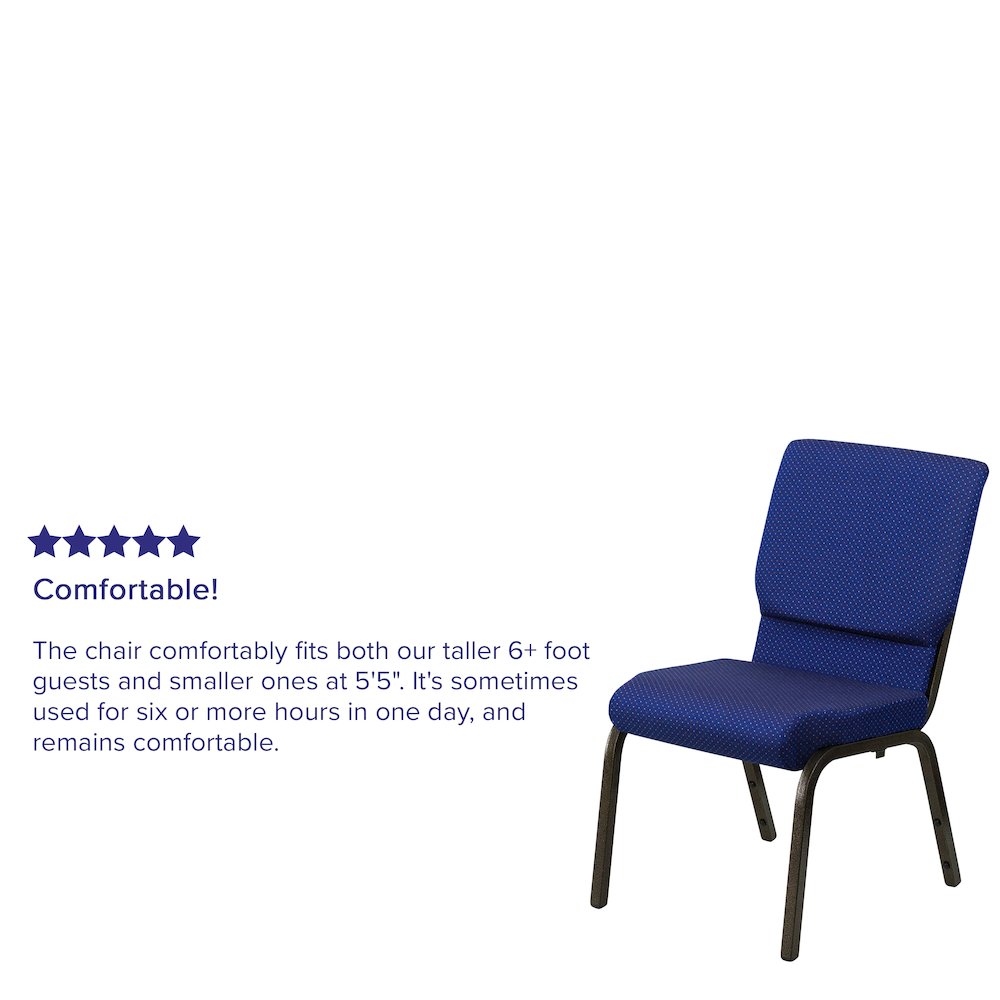 18.5''W Stacking Church Chair in Navy Blue Patterned Fabric - Gold Vein Frame. Picture 4