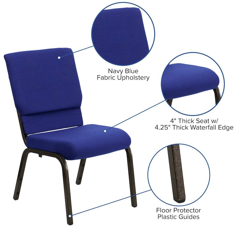 18.5''W Stacking Church Chair in Navy Blue Fabric - Gold Vein Frame. Picture 5