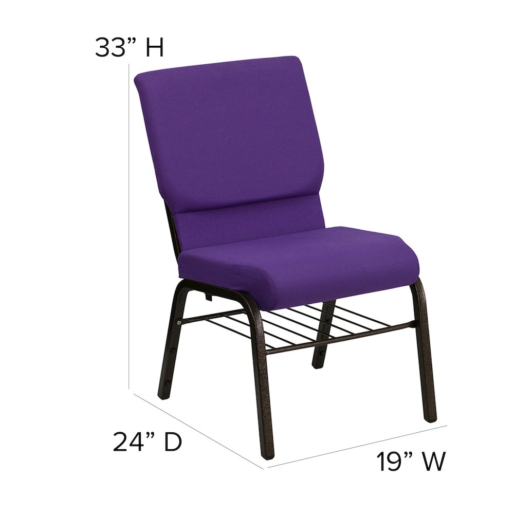18.5''W Church Chair in Purple Fabric with Book Rack - Gold Vein Frame. Picture 8