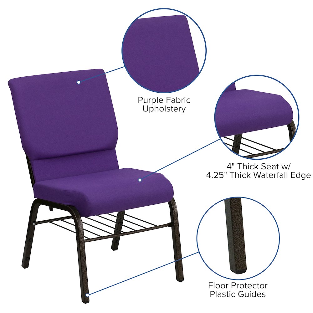 18.5''W Church Chair in Purple Fabric with Book Rack - Gold Vein Frame. Picture 7