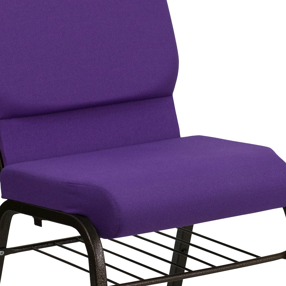 18.5''W Church Chair in Purple Fabric with Book Rack - Gold Vein Frame. Picture 4