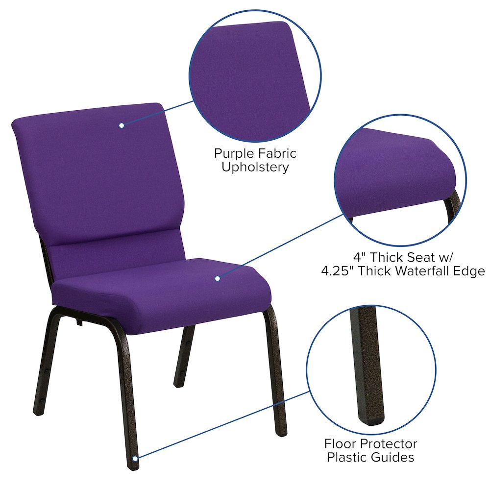 18.5''W Stacking Church Chair in Purple Fabric - Gold Vein Frame. Picture 5