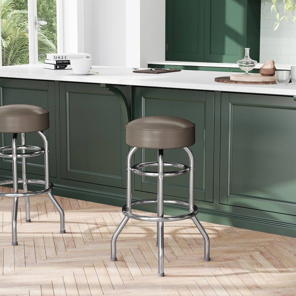 Bruno Double Ring Chrome Barstool with Beige Seat. Picture 3