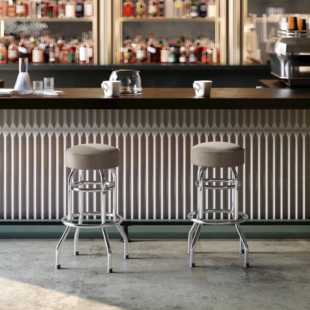 Bruno Double Ring Chrome Barstool with Beige Seat. Picture 6