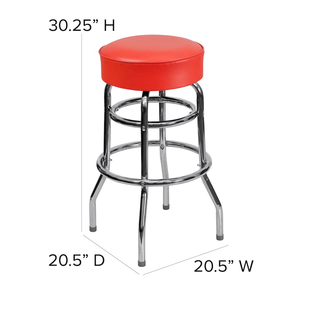 Double Ring Chrome Barstool with Red Seat. Picture 6