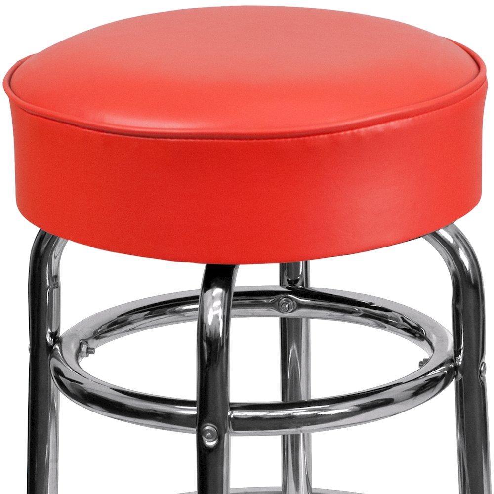 Double Ring Chrome Barstool with Red Seat. Picture 10