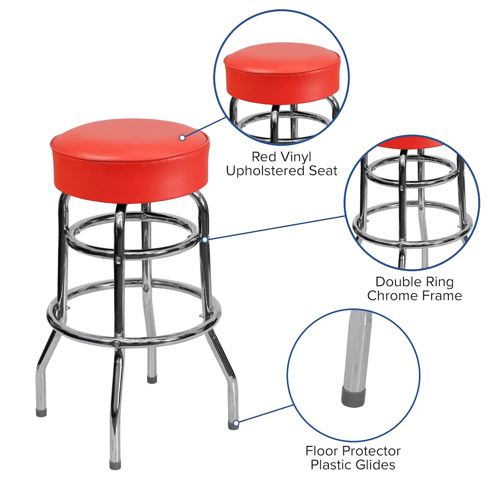 Double Ring Chrome Barstool with Red Seat. Picture 5