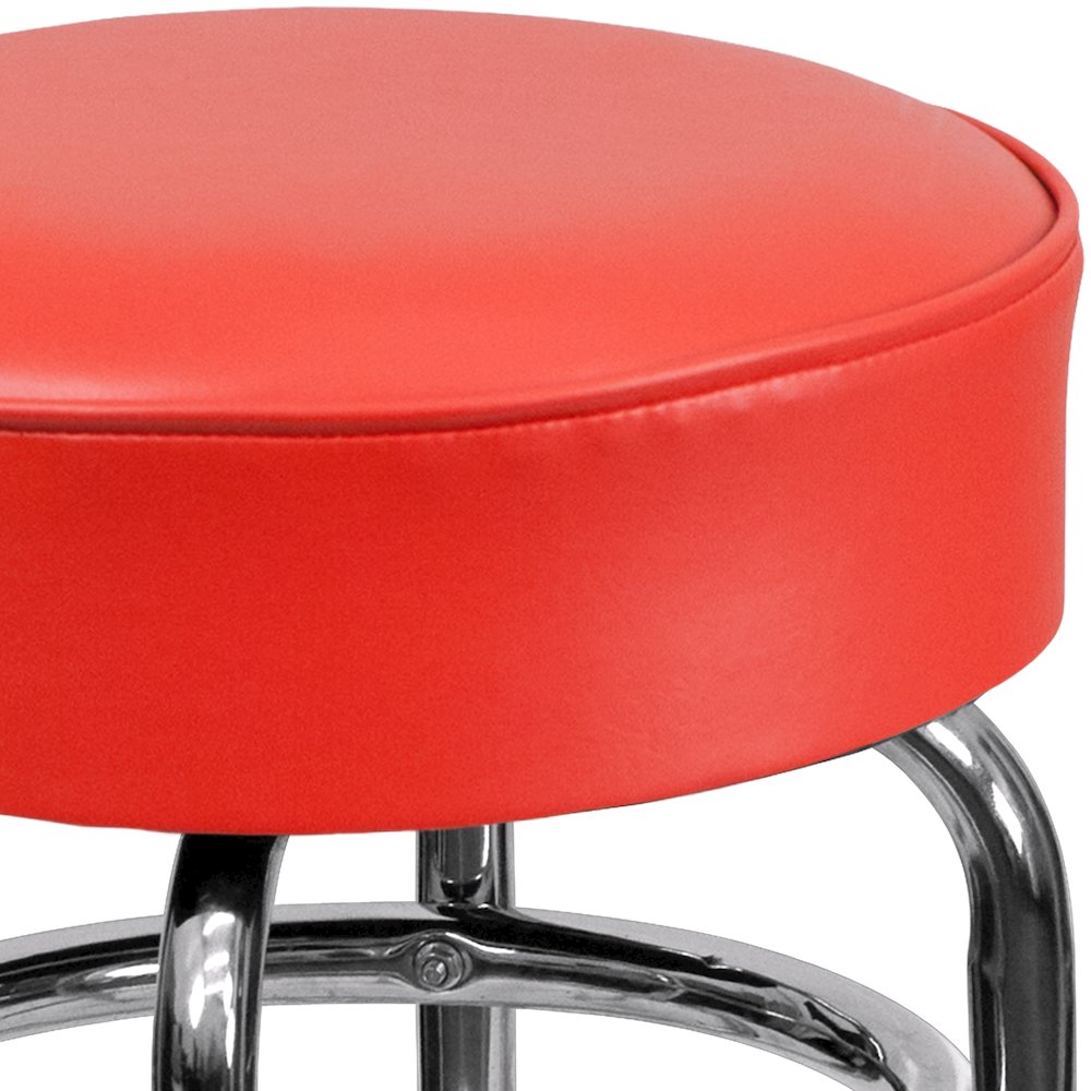 Double Ring Chrome Barstool with Red Seat. Picture 7