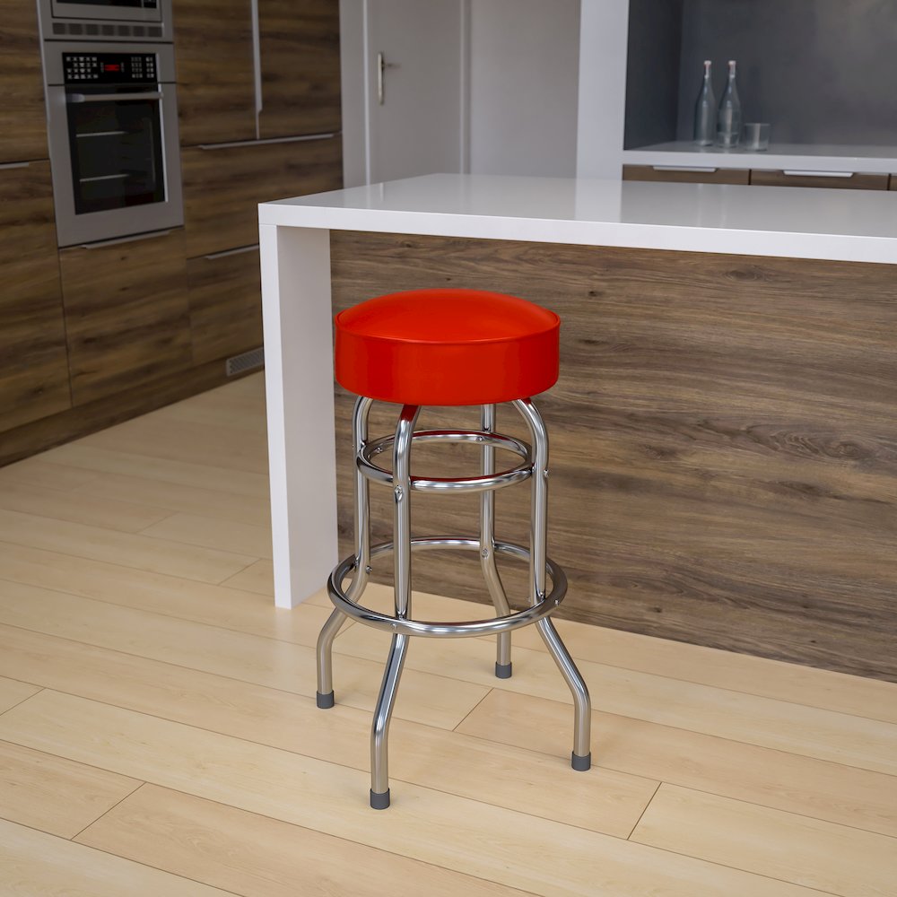 Double Ring Chrome Barstool with Red Seat. Picture 2