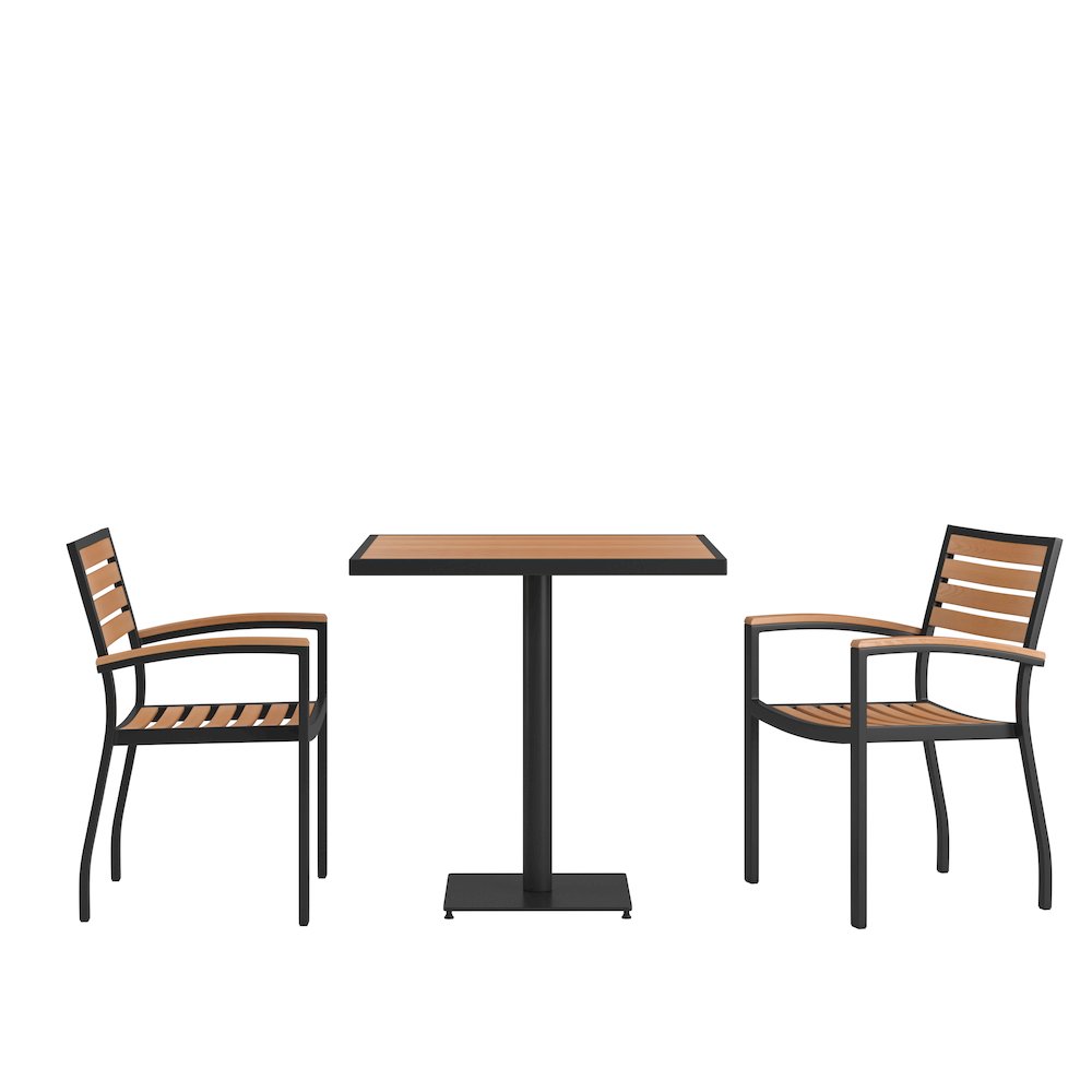 3 Piece Patio Dining Table Set - 30" Faux Teak Table, 2 Stacking Club Chairs. Picture 1