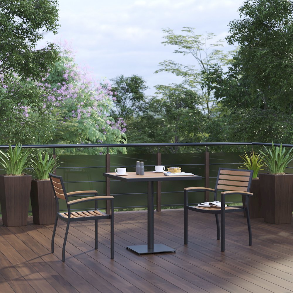 3 Piece Patio Dining Table Set - 30" Faux Teak Table, 2 Stacking Club Chairs. Picture 2