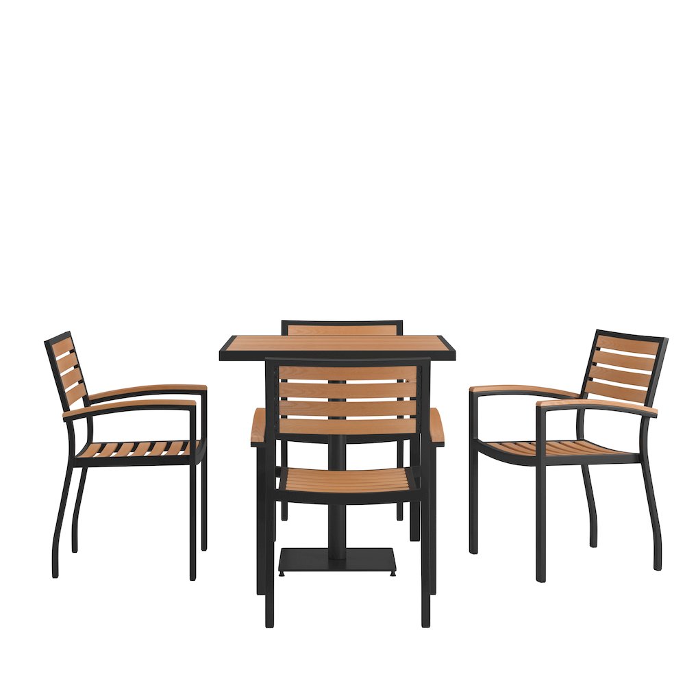 5 Piece Patio Dining Table Set - 30" Faux Teak Table, 4 Stacking Club Chairs. Picture 1