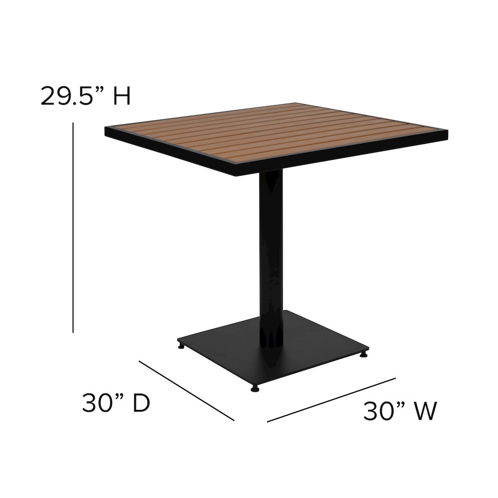 5 Piece Patio Dining Table Set - 30" Faux Teak Table, 4 Stacking Club Chairs. Picture 6