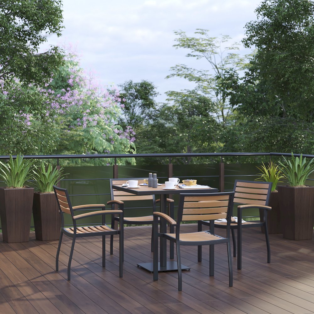 5 Piece Patio Dining Table Set - 30" Faux Teak Table, 4 Stacking Club Chairs. Picture 2
