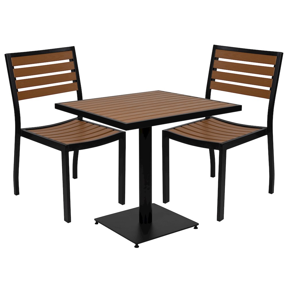 Outdoor Patio Bistro Dining Table Set with 2 Chairs and Faux Teak Poly Slats. Picture 1