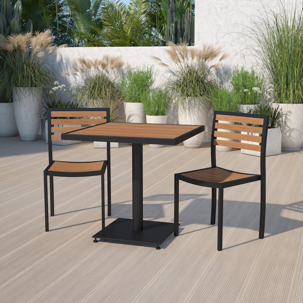 Outdoor Patio Bistro Dining Table Set with 2 Chairs and Faux Teak Poly Slats. Picture 2