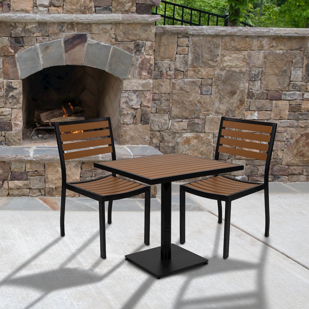 Outdoor Patio Bistro Dining Table Set with 2 Chairs and Faux Teak Poly Slats. Picture 8