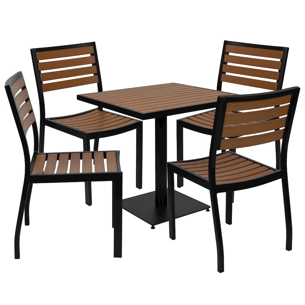 Outdoor Patio Bistro Dining Table Set with 4 Chairs and Faux Teak Poly Slats. Picture 1