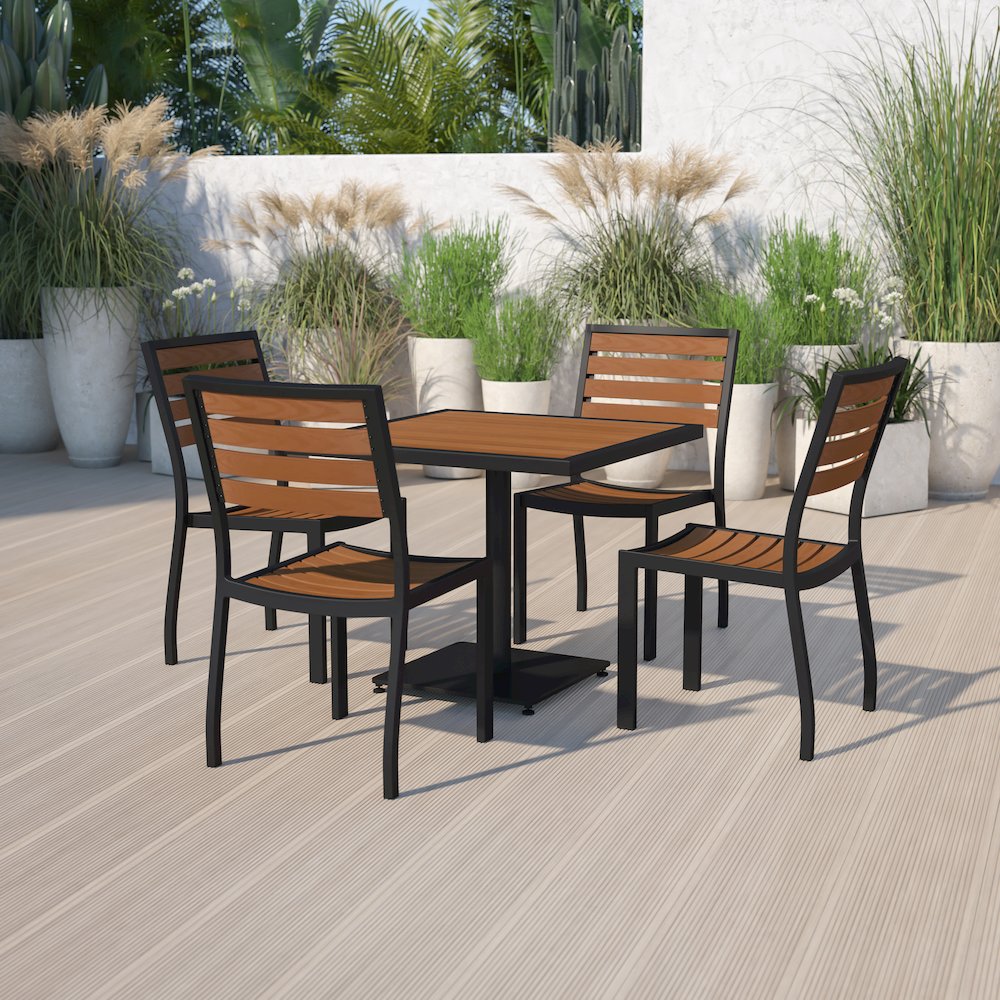 Outdoor Patio Bistro Dining Table Set with 4 Chairs and Faux Teak Poly Slats. Picture 2