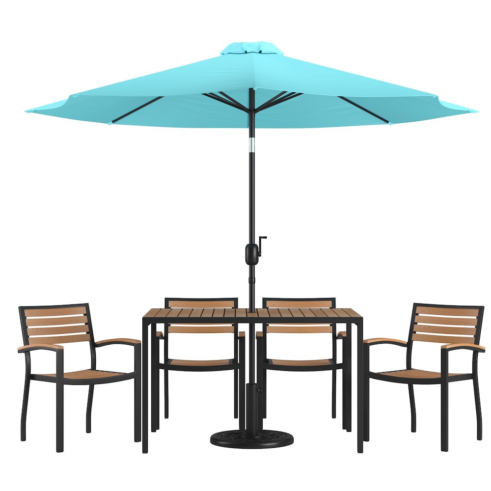 7 Piece Table Set with 4 Stackable Chairs, 30" x 48" Table, Teal Umbrella, Base. Picture 1