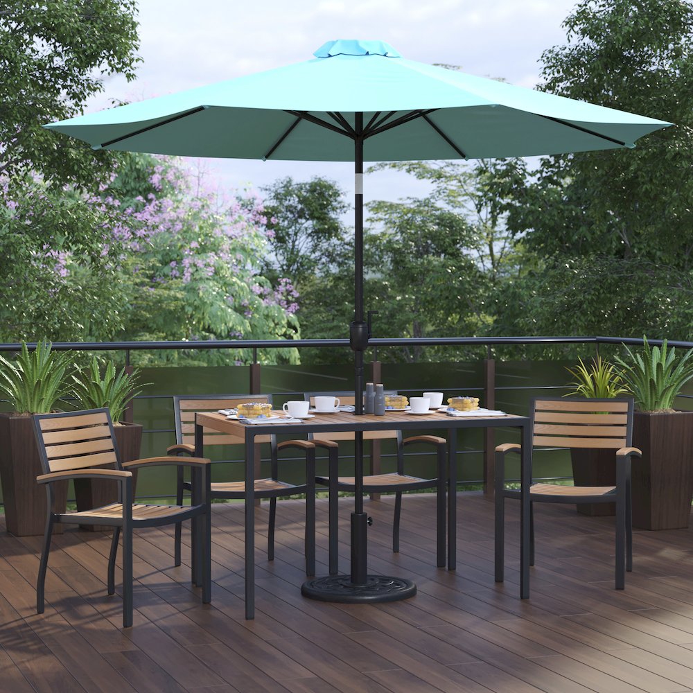7 Piece Table Set with 4 Stackable Chairs, 30" x 48" Table, Teal Umbrella, Base. Picture 2