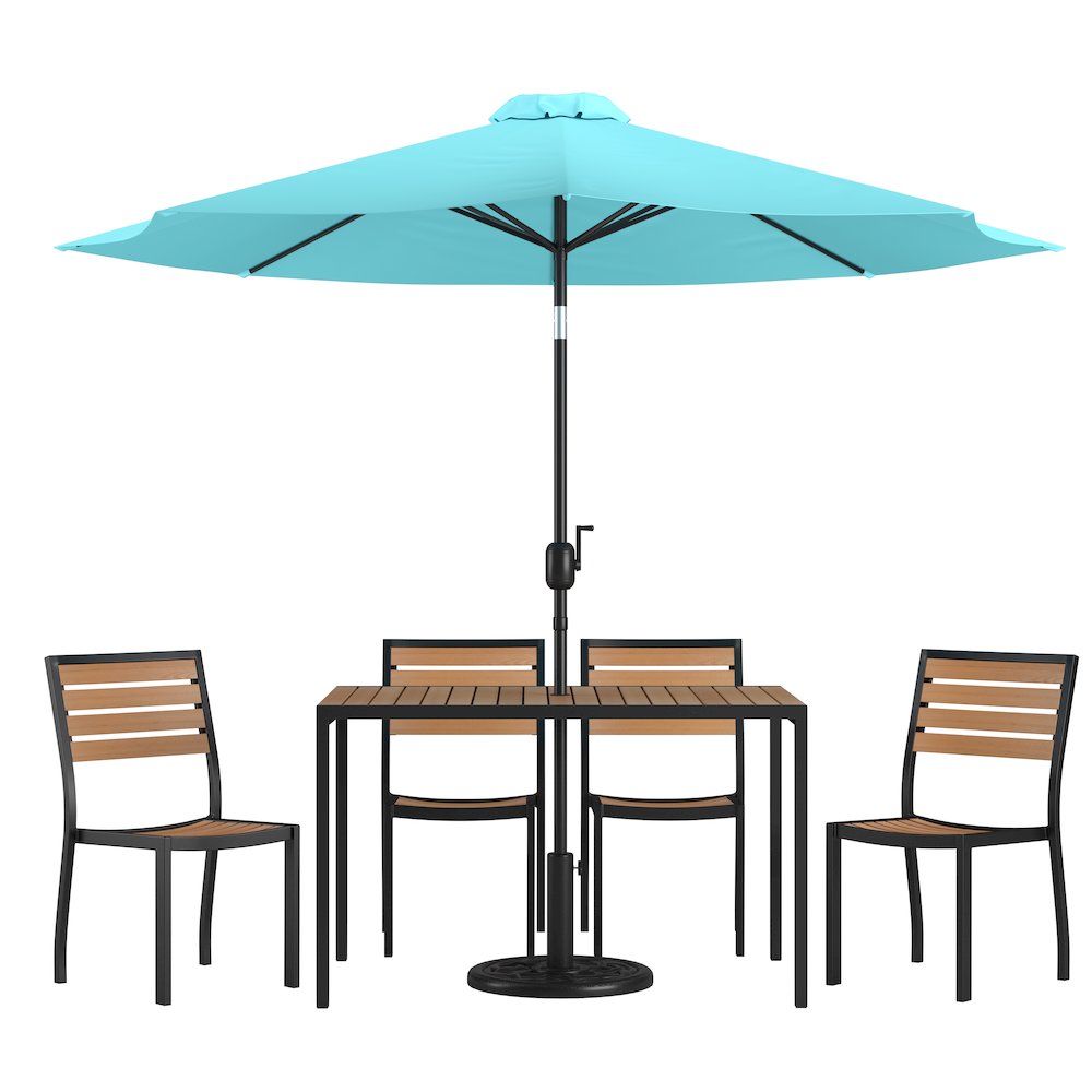 7 Piece Patio Set - 4 Stacking Chairs, 30" x 48" Table, Teal Umbrella, Base. Picture 1