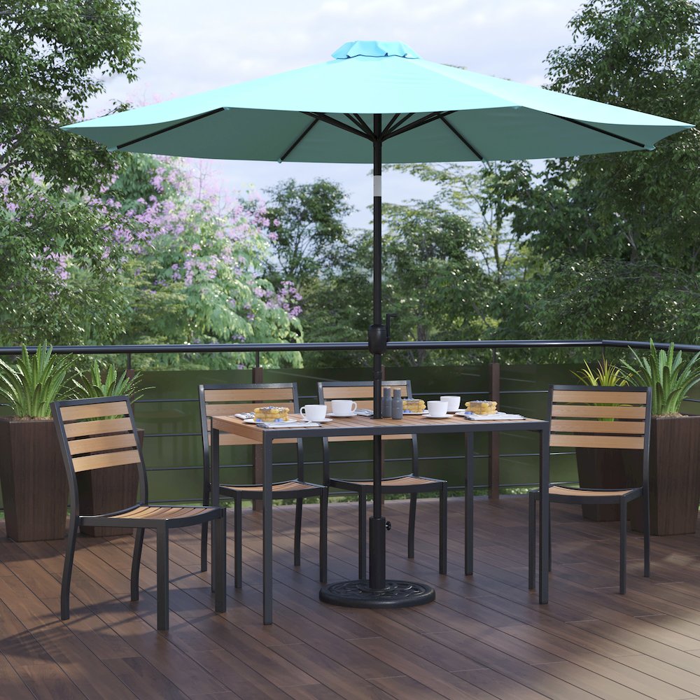 7 Piece Patio Set - 4 Stacking Chairs, 30" x 48" Table, Teal Umbrella, Base. Picture 2