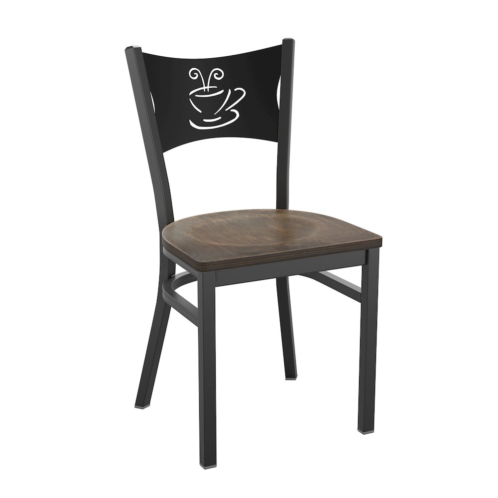 Black Coffee Back Metal Restaurant Chair - Antique Copper Wood Seat. Picture 1