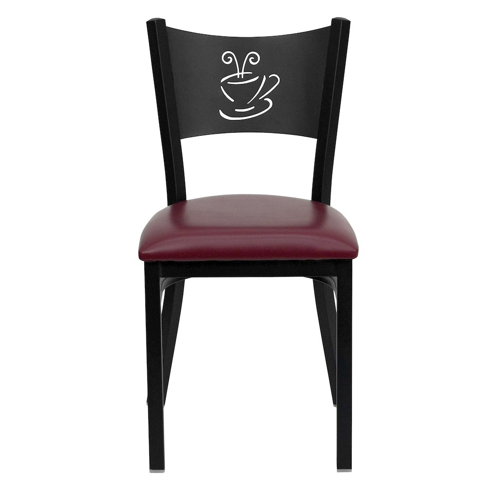 Black Coffee Back Metal Restaurant Chair - Burgundy Vinyl Seat. Picture 4
