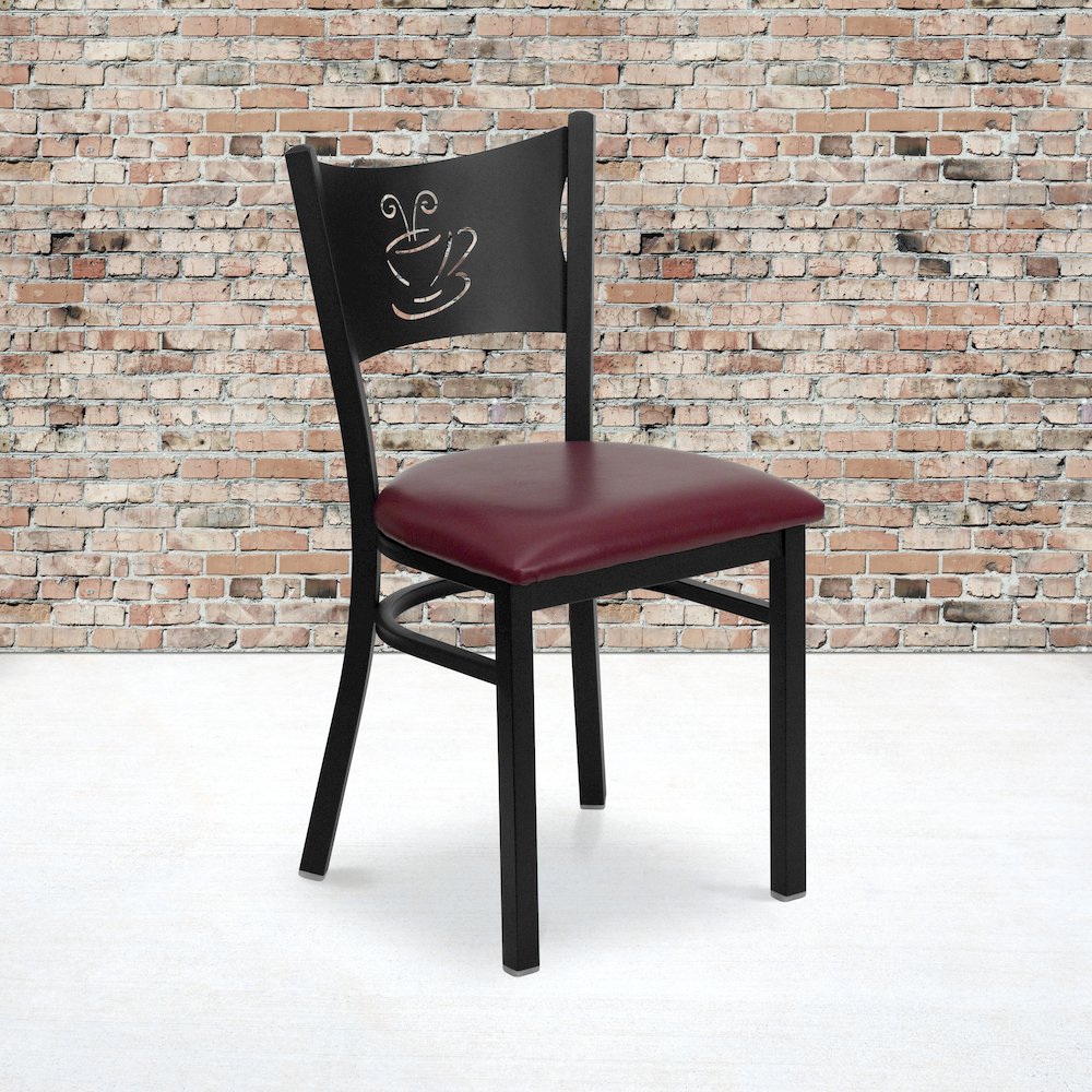Black Coffee Back Metal Restaurant Chair - Burgundy Vinyl Seat. Picture 2