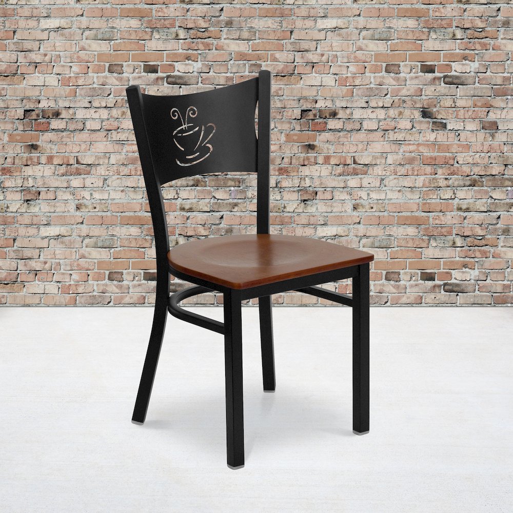 Black Coffee Back Metal Restaurant Chair - Cherry Wood Seat. Picture 2