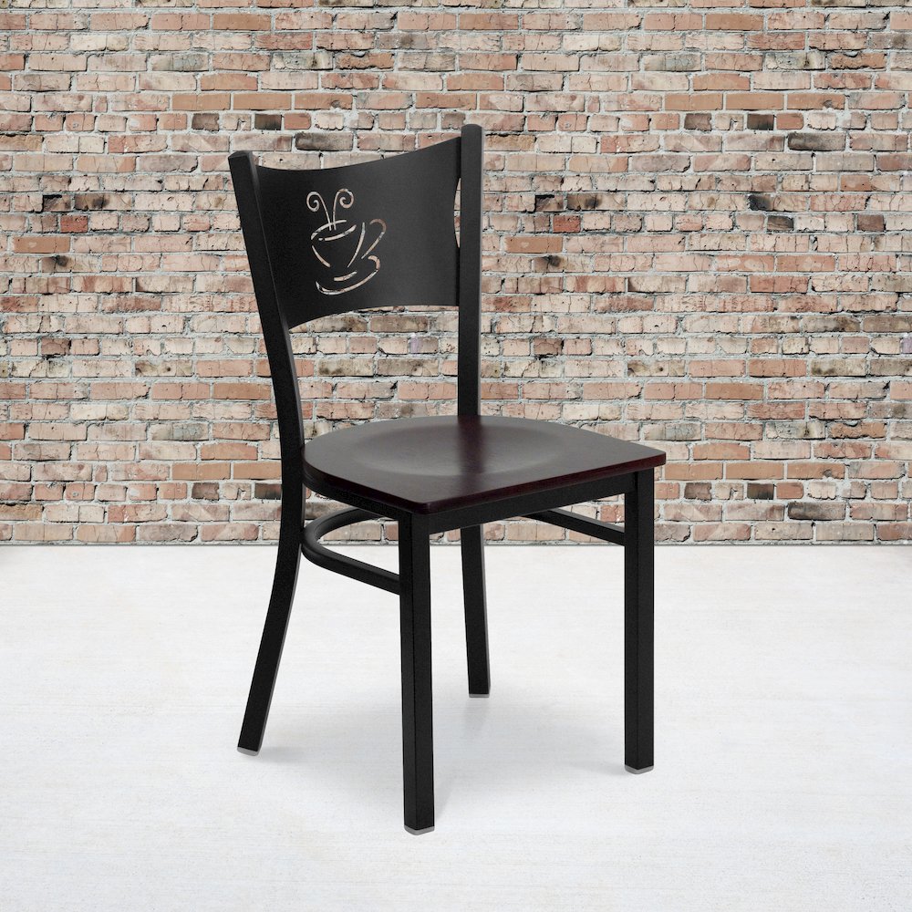 Black Coffee Back Metal Restaurant Chair - Mahogany Wood Seat. Picture 2