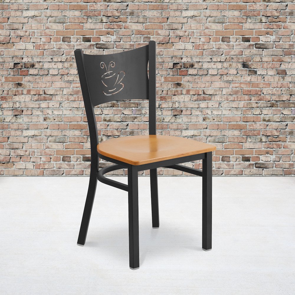 Black Coffee Back Metal Restaurant Chair - Natural Wood Seat. Picture 2