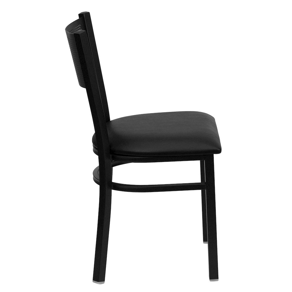 Black Grid Back Metal Restaurant Chair - Black Vinyl Seat. Picture 2