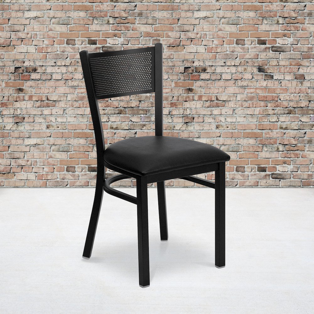 Black Grid Back Metal Restaurant Chair - Black Vinyl Seat. Picture 5