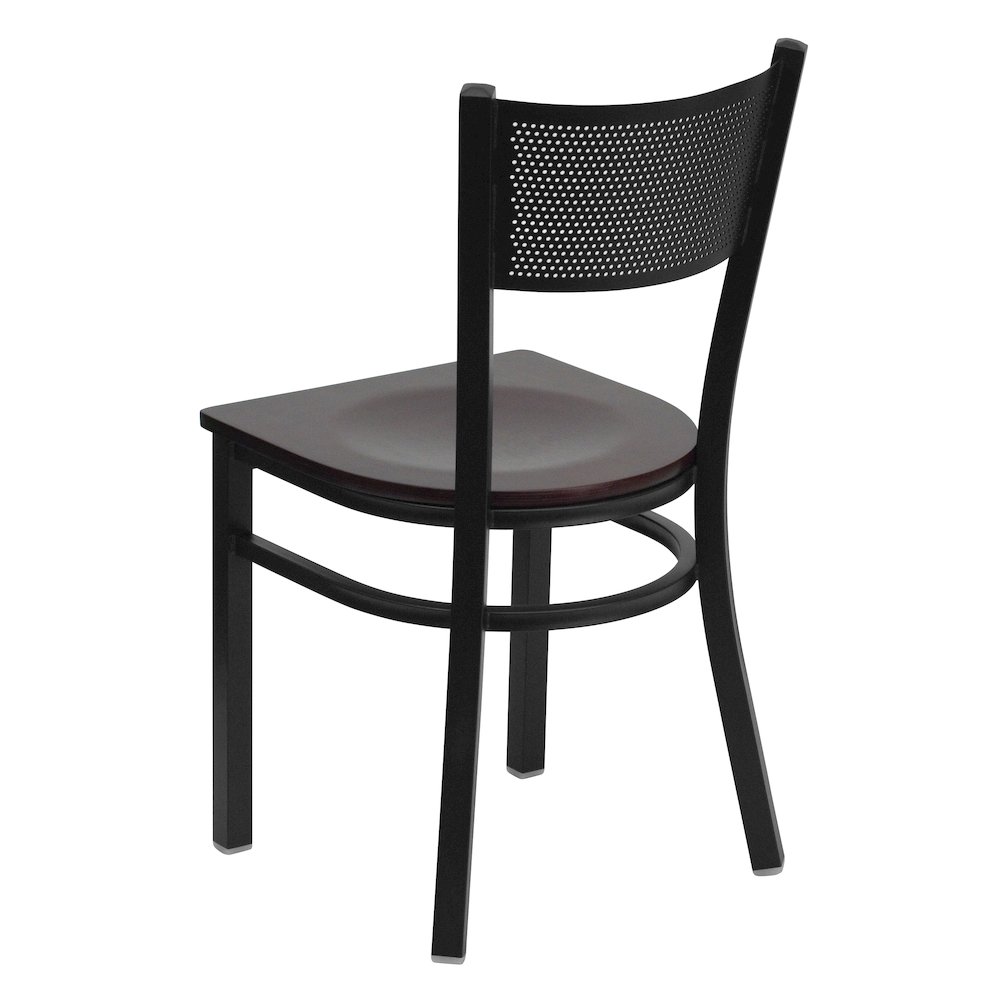 Black Grid Back Metal Restaurant Chair - Mahogany Wood Seat. Picture 3