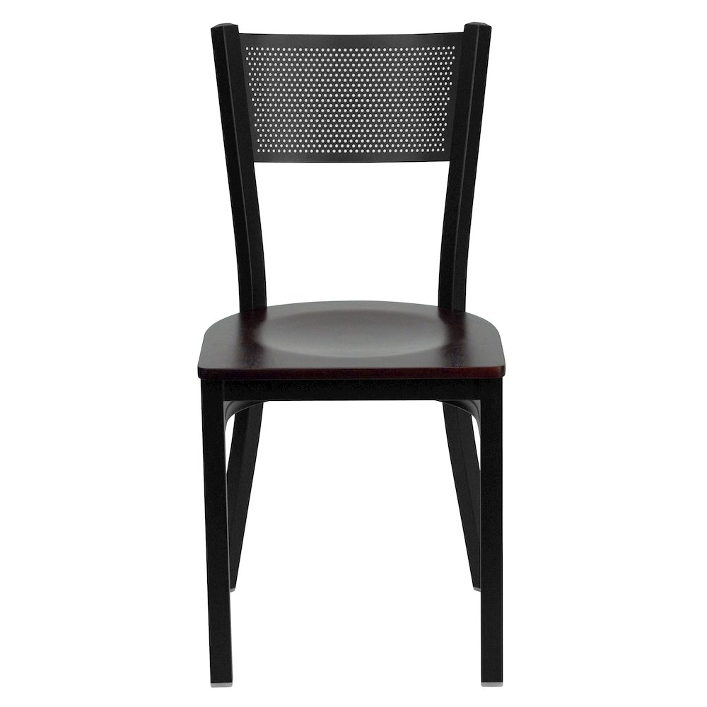 Black Grid Back Metal Restaurant Chair - Mahogany Wood Seat. Picture 4