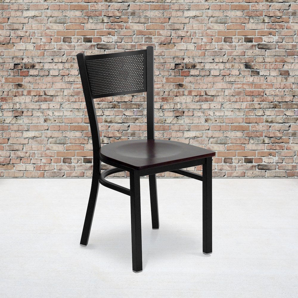 Black Grid Back Metal Restaurant Chair - Mahogany Wood Seat. Picture 5