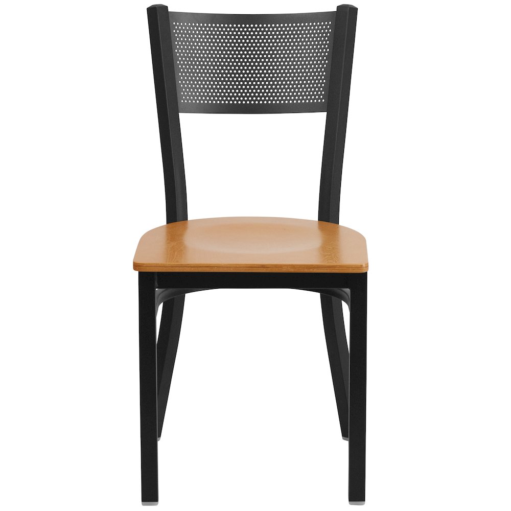 Black Grid Back Metal Restaurant Chair - Natural Wood Seat. Picture 4