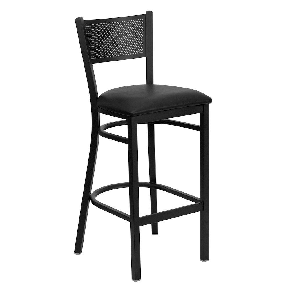 Black Grid Back Metal Restaurant Barstool - Black Vinyl Seat. Picture 1
