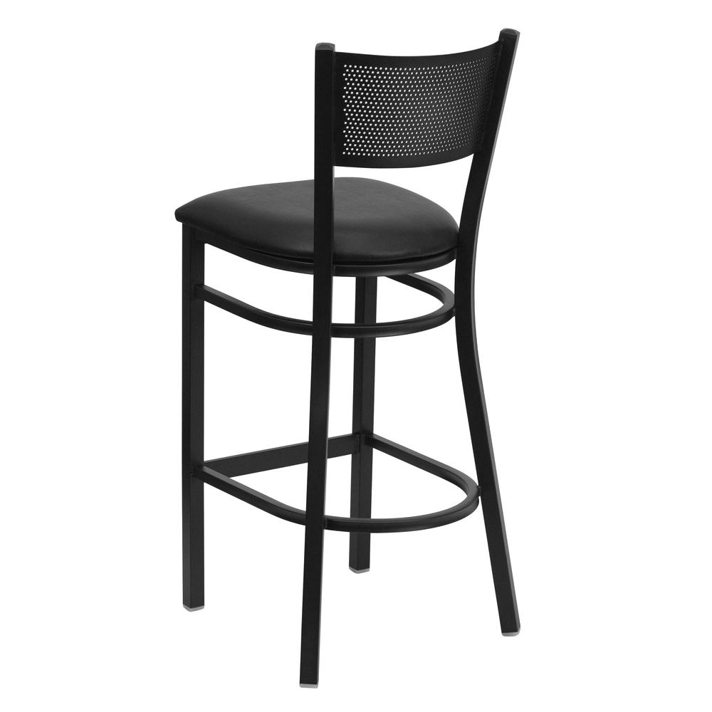 Black Grid Back Metal Restaurant Barstool - Black Vinyl Seat. Picture 3