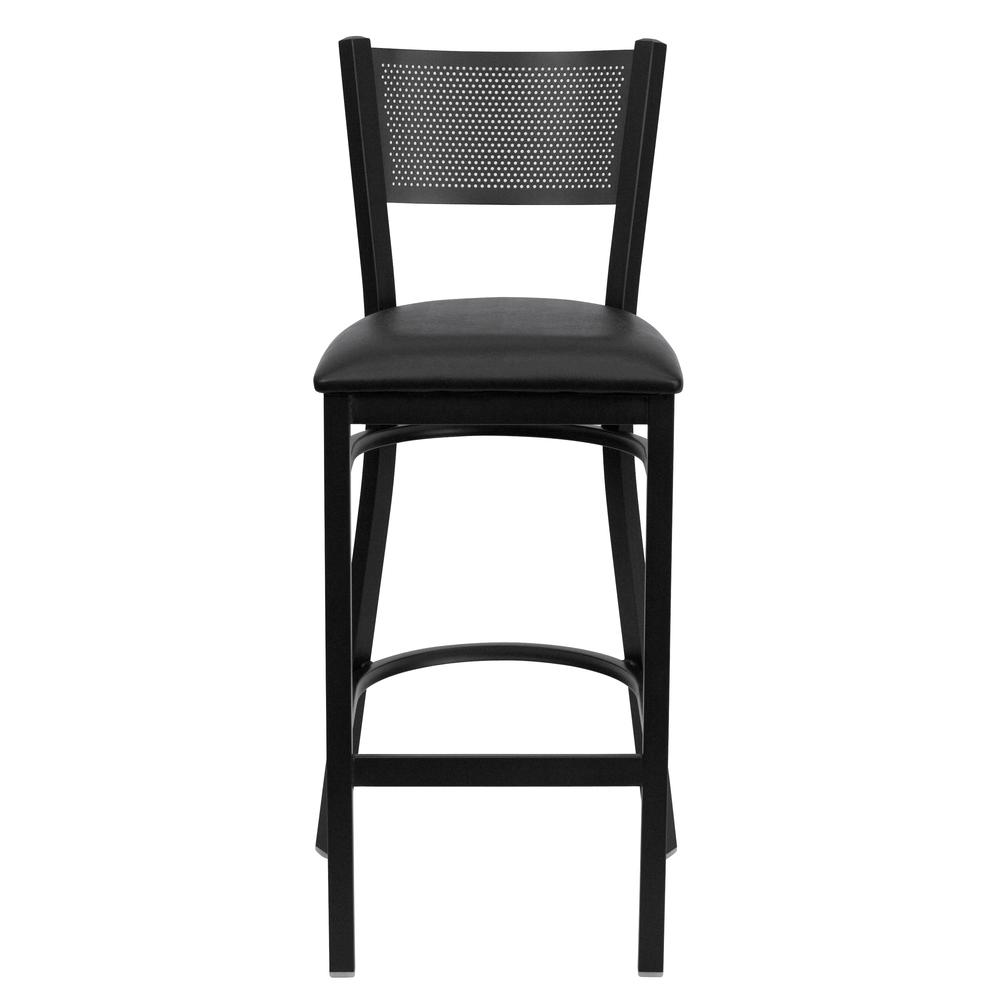 Black Grid Back Metal Restaurant Barstool - Black Vinyl Seat. Picture 4